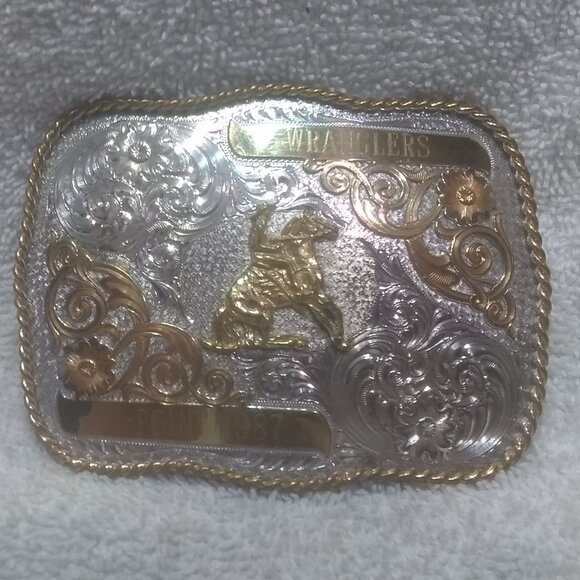Wranglers Hi-Point 1987 Sterling Silver Plate Buckle Gold Flowers Rope Edge Nice